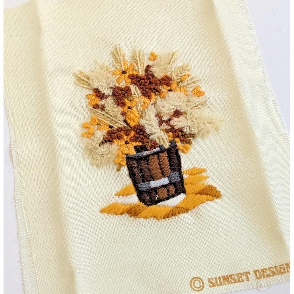 Vintage 1970s Finished Crewel Embroidery Autumn Floral‎ Wheat Bucket 5x7" Boho